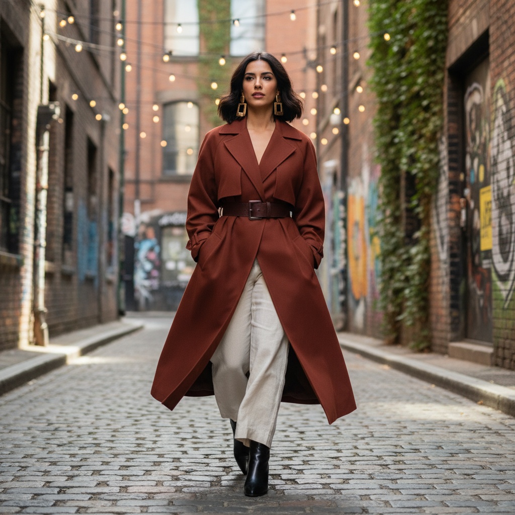 Jane, a 25-year-old Arab woman embodies urban chic as she strolls through a cobblestone laneway in a vibrant city. She wears an oversized, tailored trench coat in rich burnt sienna, cinched at the waist with a wide leather belt, and high-waisted, wide-leg linen trousers. Her sleek ankle boots shine against the textured cobbles. Jane’s tousled bob frames her face, accented with oversized statement earrings. The backdrop features graffiti-covered, ivy-adorned brick walls, illuminated by soft, dappled sunlight from overhead fairy lights. The composition utilizes the rule of thirds with a shallow depth of field, portraying her spirit of freedom and exploration in a contemporary urban environment. The image invites viewers into a narrative of discovery and style, encapsulating the essence of modern wanderers.