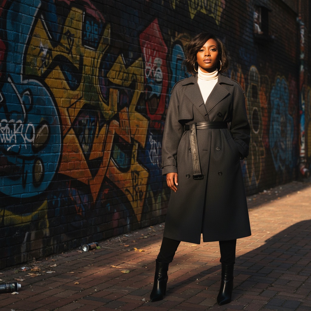 Olivia, a captivating 32-year-old black woman exuding urban sophistication, captured in the shadowy embrace of a graffiti-adorned laneway. She wears an oversized charcoal-grey trench coat cinched at the waist with a wide black leather belt, over a sleek ivory turtleneck that contrasts her outfit. Tailored high-waisted trousers taper to pointed-toe ankle boots in polished black leather. Her tousled bob and single gold hoop earring catch the golden hour light as vibrant street art bursts in the background, creating a dramatic chiaroscuro effect. The composition respects the rule-of-thirds, blending her confident gaze with the urban landscape, echoing the freedom and creativity of city life.
