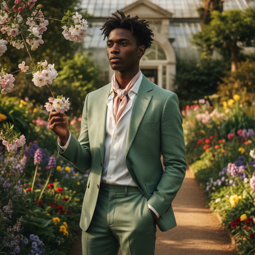 David, a 23-year-old black male model, embodies serene elegance in a tailored sage-green linen suit amidst the vibrant blooms of the Royal Botanic Gardens. The sunlight dapples across his fitted blazer and tailored trousers, which complement the surrounding flora. He wears a white silk shirt, unbuttoned at the collar for a casual yet sophisticated look, and a delicate silk scarf in blush that adds whimsy. David stands relaxed, one hand holding a blossoming stem, the other in his pocket, with tousled hair framing his contemplative face and chocolate-brown eyes that reflect the garden's vitality. The golden hour light casts soft shadows, creating a harmonious blend of modernity and nature.
