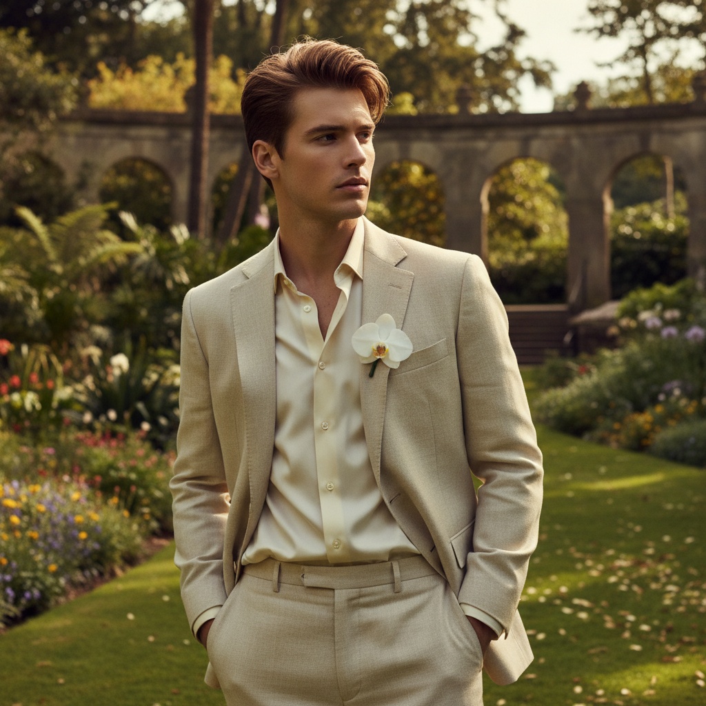James, a striking 22-year-old male model exuding refined elegance, is positioned gracefully amidst the lush greenery of the Royal Botanic Gardens. Dressed in a tailored crème-colored linen suit and a soft ivory silk shirt, he reflects the delicate hues of the garden's flowers. His contemplative gaze, slightly turned, is enhanced by dappled shadows filtering through leaves, highlighting his sculptural jawline and tousled hair. A single blooming orchid pinned to his lapel pays homage to nature's artistry. The photograph captures a serene summer afternoon, showcasing the interplay between man and nature with an eco-chic aesthetic.
