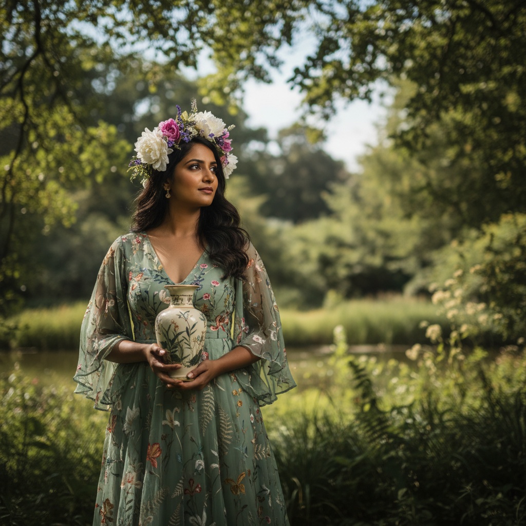Jane, a 33-year-old Indian woman embodying the ethereal grace of a modern botanist, stands amidst the lush, verdant expanse of the Royal Botanic Gardens. She is adorned in a stunning gown made of chiffon georgette in a soft botanical green, intricately embroidered with floral motifs and featuring delicate butterfly sleeves that flutter in the breeze. Her hair cascades in soft waves, crowned with seasonal peonies and wildflowers, enhancing her connection to the vibrant ecosystem. Sunlight filters through the canopy, casting dappled shadows on her skin, creating a dreamlike ambiance. Clasping a hand-painted porcelain vase, she strikes a serene yet authoritative pose, gazing towards the horizon. The composition utilizes the rule of thirds with negative space framing her, celebrating the harmony between fashion and nature, evoking tranquility and reverence.