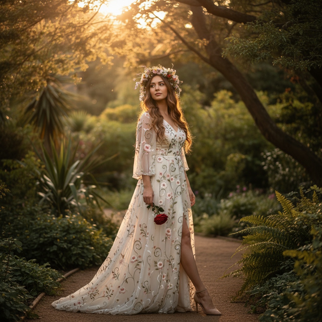 Sarah, a regal Arab woman aged 34, stands elegantly in the lush backdrop of the Royal Botanic Gardens. She's adorned in a flowing ivory chiffon georgette gown with intricate floral embroidery, resembling an enchanted garden. Her chestnut waves cascade gracefully, decorated with a crown of wildflowers. The golden hour sunlight filters through the trees, creating dappled shadows that enhance her serene expression. One leg is slightly forward, forming an elegant S-curve, while one hand cradles a blooming rose, symbolizing love and renewal. The composition captures the timeless connection between humanity and nature, inviting viewers into a serene, harmonious moment.