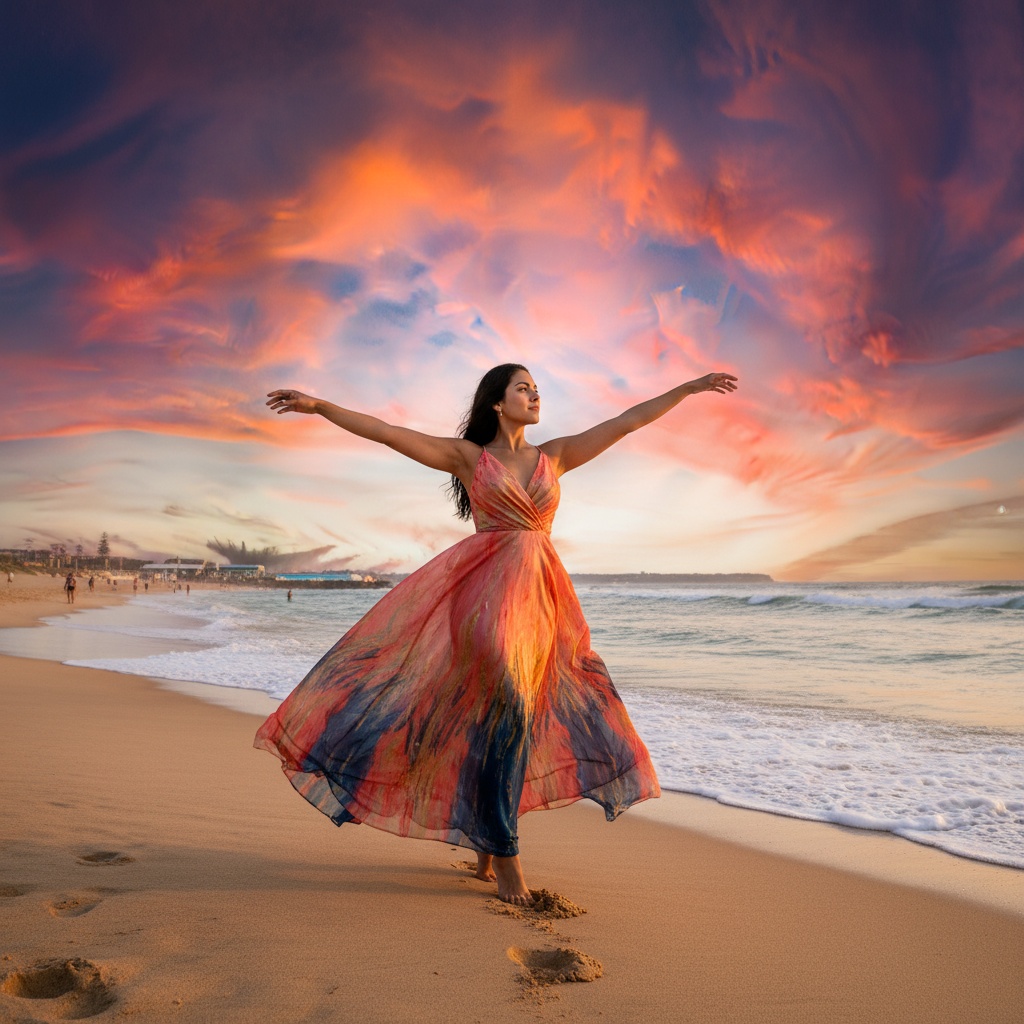 Olivia, a 33-year-old Latina woman, stands gracefully against the stunning backdrop of Bondi Beach at sunset. Embracing the carefree spirit of a modern mermaid, she wears a flowing, hand-painted chiffon maxi dress in coral, gold, and ocean blue. With one foot gently sinking into the golden sands and her arms outstretched to capture the ocean breeze, her relaxed yet dynamic pose exudes freedom and connection to nature. The dramatic sky showcases vibrant hues, enhancing the visual warmth as gentle waves lap at the shore. This editorial image captures the essence of tranquility, inviting viewers into a sun-kissed paradise, filled with nostalgia and joy.