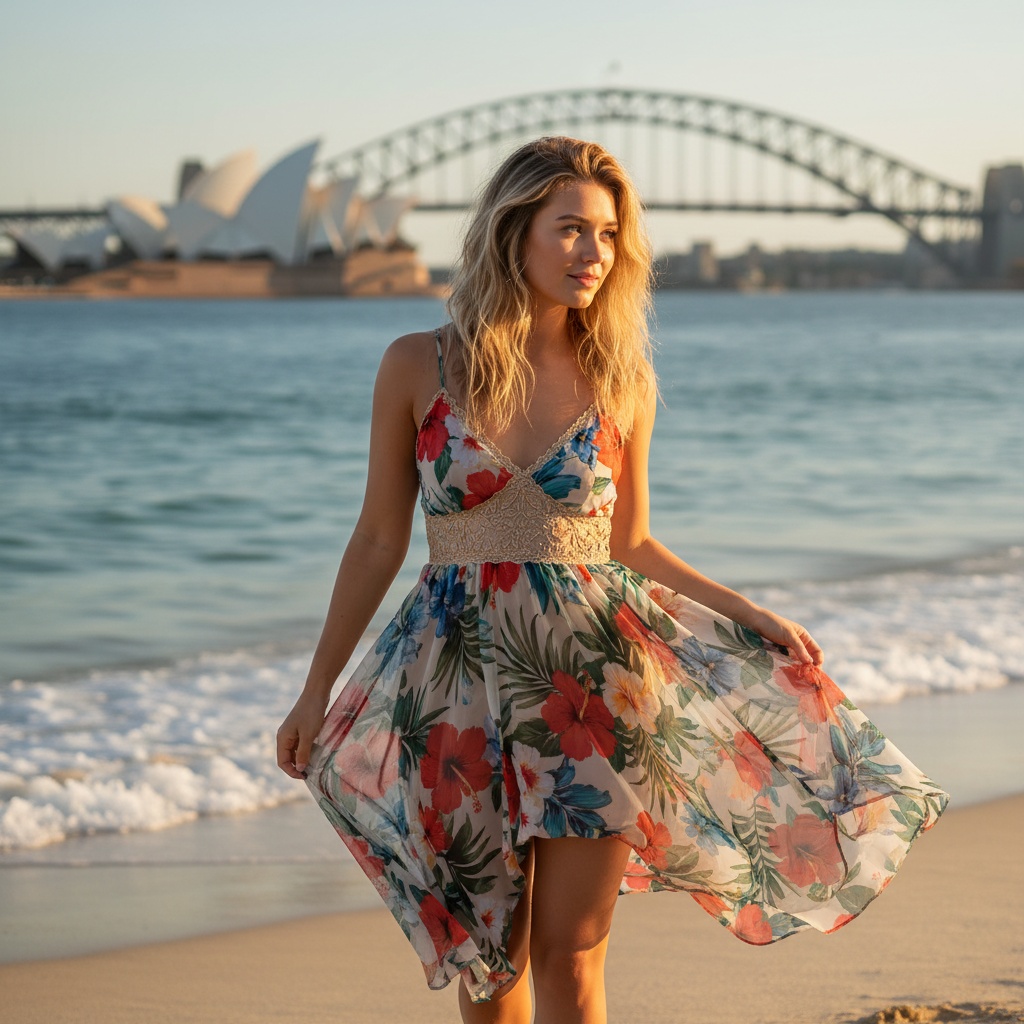 Emily, a striking 24-year-old white female figure, stands at the edge of Bondi Beach, embodying the vibrant spirit of Sydney. She wears a flowing, sheer chiffon sundress in a tropical floral pattern, the fabric catching the ocean breeze. With delicate embroidery enhancing her sun-kissed complexion, her loose, beachy waves cascade over her shoulders. Emily’s expression of joy and introspection captures the carefree essence of summer, with the iconic Sydney Opera House and Harbour Bridge softly blurred in the background. The golden hour casts a warm glow, creating a dreamy light as gentle waves rhythmically lap at her feet. The composition is visually striking, utilizing a shallow depth of field that highlights her presence. This image is a celebration of youth and the magic of Sydney, incorporating the trigger word Emily.
