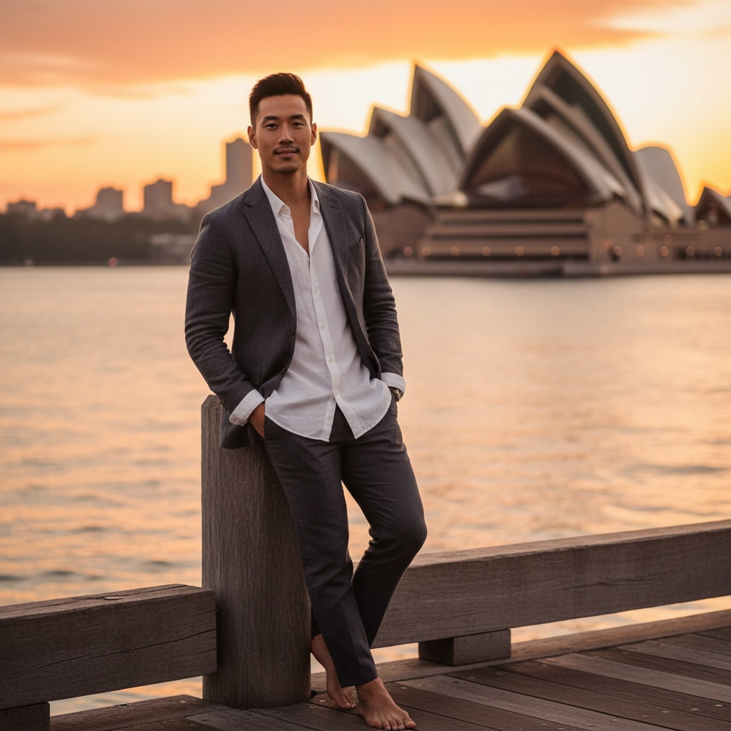 Michael, a striking Asian male model aged 29, is captured amidst the iconic Sydney Harbour with the Sydney Opera House elegantly framing the background. He embodies relaxed sophistication, wearing a tailored charcoal linen blazer over a crisp white shirt, with a casual pose that reflects effortless charm. Barefoot on the sun-drenched wharf, the warm golden glow of the setting sun accentuates his chiseled features. The water reflects vivid sunset hues, while natural light creates soft shadows, highlighting his strong jawline and defined cheekbones. A shallow depth of field blurs the bustling city behind him, ensuring he remains the focal point of this aspirational image of the Australian lifestyle, encapsulating the sun-soaked adventure and stylish living.