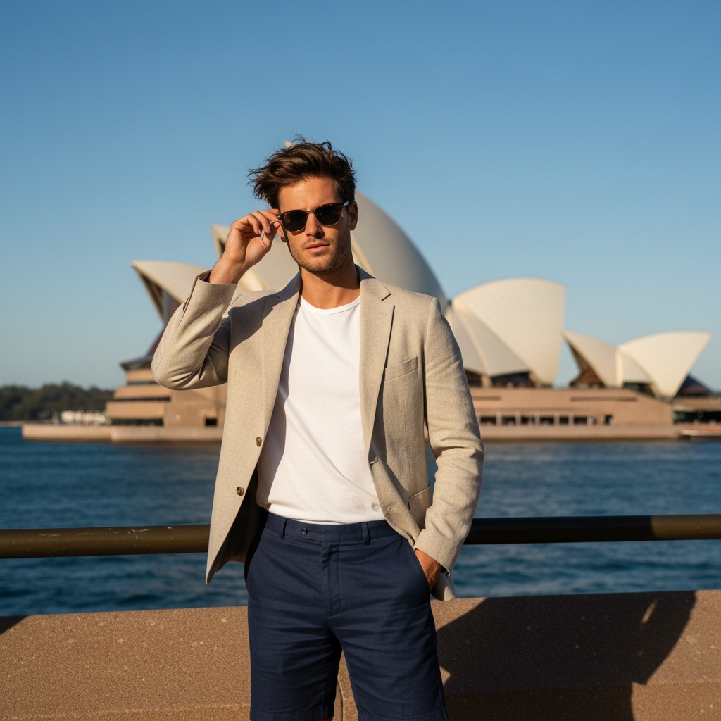 Michael, a 25-year-old male model with relaxed charisma, poses against the iconic backdrop of Sydney's Opera House. He is dressed in a tailored, lightweight linen blazer in a soft sand hue, paired with a crisp white tee and tailored navy shorts, blending sophistication and casual chic. His tousled hair is blown by the gentle breeze, and warm sunlight bathes his sun-kissed skin, creating a golden aura. The composition utilizes the rule of thirds, framing him in the foreground with the architectural lines of the Opera House behind him, set against the azure Sydney sky and shimmering harbor, evoking a vibrant color palette. His pose is confident yet relaxed, with one hand in his pocket, adjusting his sunglasses with the other, accentuated by lighting that enhances his strong jawline and casts soft shadows, capturing the essence of youthful exploration in a high-fashion editorial style. The scene embodies contemporary urban aesthetics in one of the world’s most iconic cities.