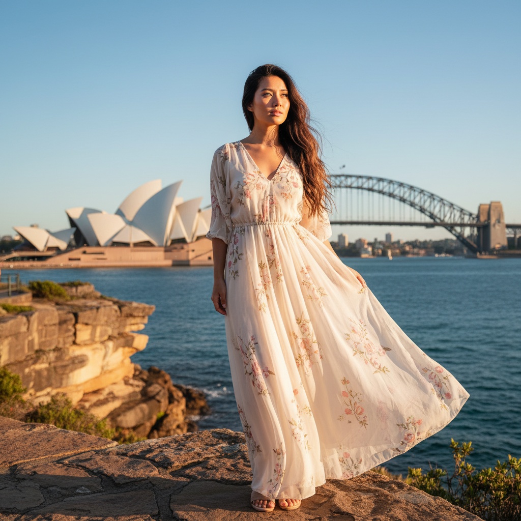 Sarah, a striking 27-year-old Asian female model, embodies the vibrant energy of Sydney’s coastal charm as she poses against the stunning backdrop of the Sydney Opera House and Harbour Bridge. She wears a flowing, sun-bleached, cream-colored chiffon maxi dress, delicately embroidered with floral motifs, catching the gentle sea breeze and golden rays of a late afternoon sun. Her hair tumbles in effortless waves, framing a sun-kissed face adorned with natural makeup and subtle bronzer. With her vibrant green eyes gazing confidently into the distance, she projects a sense of adventure and freedom. The composition utilizes the golden ratio for harmonious balance, as the sun casts a warm glow around her, highlighting the juxtaposition of urban sophistication and the raw beauty of nature. The overall mood is one of joyous exploration, capturing the essence of Sydney’s beauty, culture, and lifestyle—all encapsulated in one breathtaking frame.