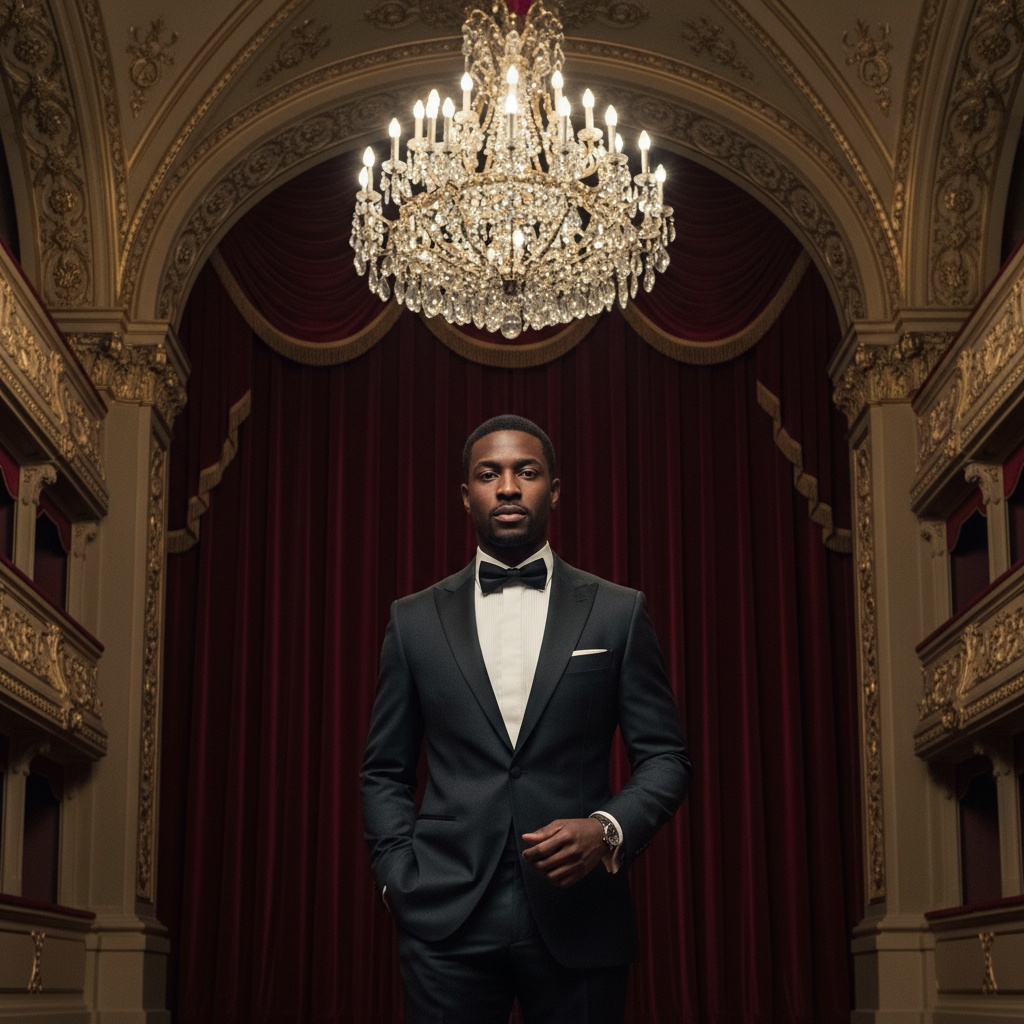 David, a 31-year-old black male, exudes an air of austere sophistication as he stands poised under the dramatic arches of an opulent opera house. Dressed in a perfectly tailored charcoal wool tuxedo with peaked lapels and a crisp ivory shirt, his meticulously knotted bow tie enhances his classic refinement. His regal stance, with one hand in his pocket and the other gesturing slightly, projects relaxed authority. Soft chiaroscuro lighting emphasizes his strong jawline and high cheekbones, while the grandeur of the chandelier above complements his polished presence. The rich textures of velvety drapes in the background create an ambience of high culture, encapsulating a blend of classical artistry and contemporary fashion, inviting viewers to consider the stories woven into this cultural icon. The image resonates with the spirit of grand performances that fill this space with emotion and history.