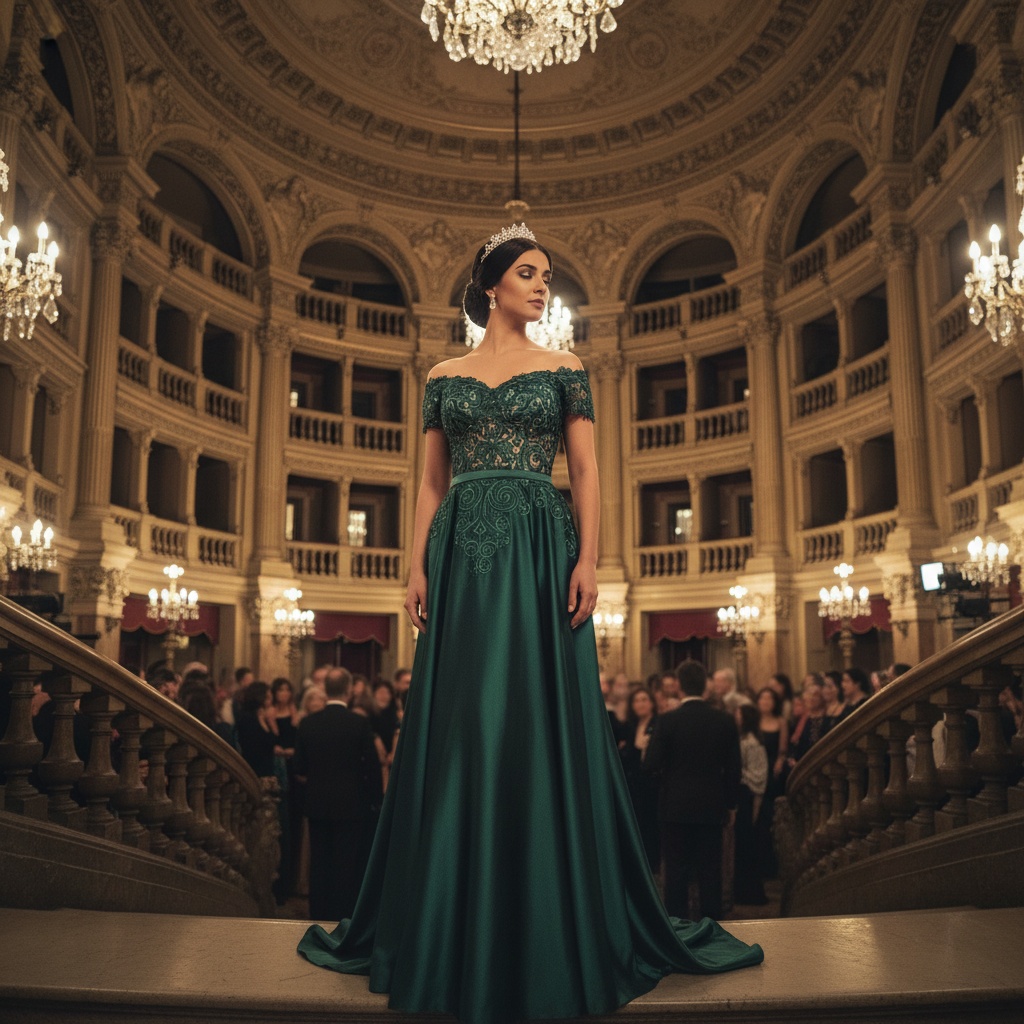 Emily, a 27-year-old Arab female figure, embodies the essence of a modern-day prima donna as she stands gracefully at the grand staircase of a historic opera house. Dressed in an opulent, floor-length gown of deep emerald silk that shimmers under ambient light, featuring off-the-shoulder sleeves and a fitted bodice adorned with intricate lace. Her elegantly styled chignon is accentuated by a silver tiara, enhancing her aura of authority. The ornate chandeliers cast a warm glow, highlighting her ethereal presence amidst a softly blurred crowd beneath. The lighting captures both softness and intensity, drawing focus to her stature in this blend of classic artistry and contemporary elegance. This image captures her commanding figure, embodying the rich cultural heritage of opera, infused with modern femininity.