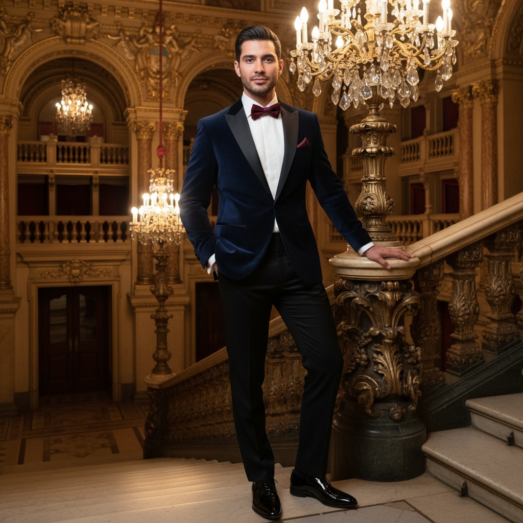 James, a charismatic 33-year-old Latin male figure, stands on the grand staircase of an iconic opera house, exuding elegance in a tailored midnight blue velvet tuxedo. He wears a crisp white silk shirt with an exaggerated collar and a deep burgundy bow tie, complemented by gleaming patent leather oxfords. One hand is casually tucked into his pocket while the other rests on the ornate railing, showcasing effortless sophistication. The backdrop features gilded moldings and elaborate chandeliers, bathed in warm light that sculpts his chiseled features with Rembrandt lighting, creating an intense yet inviting expression that embodies the passion of the arts. The rich baroque atmosphere invites viewers into a world of high society and theatricality.