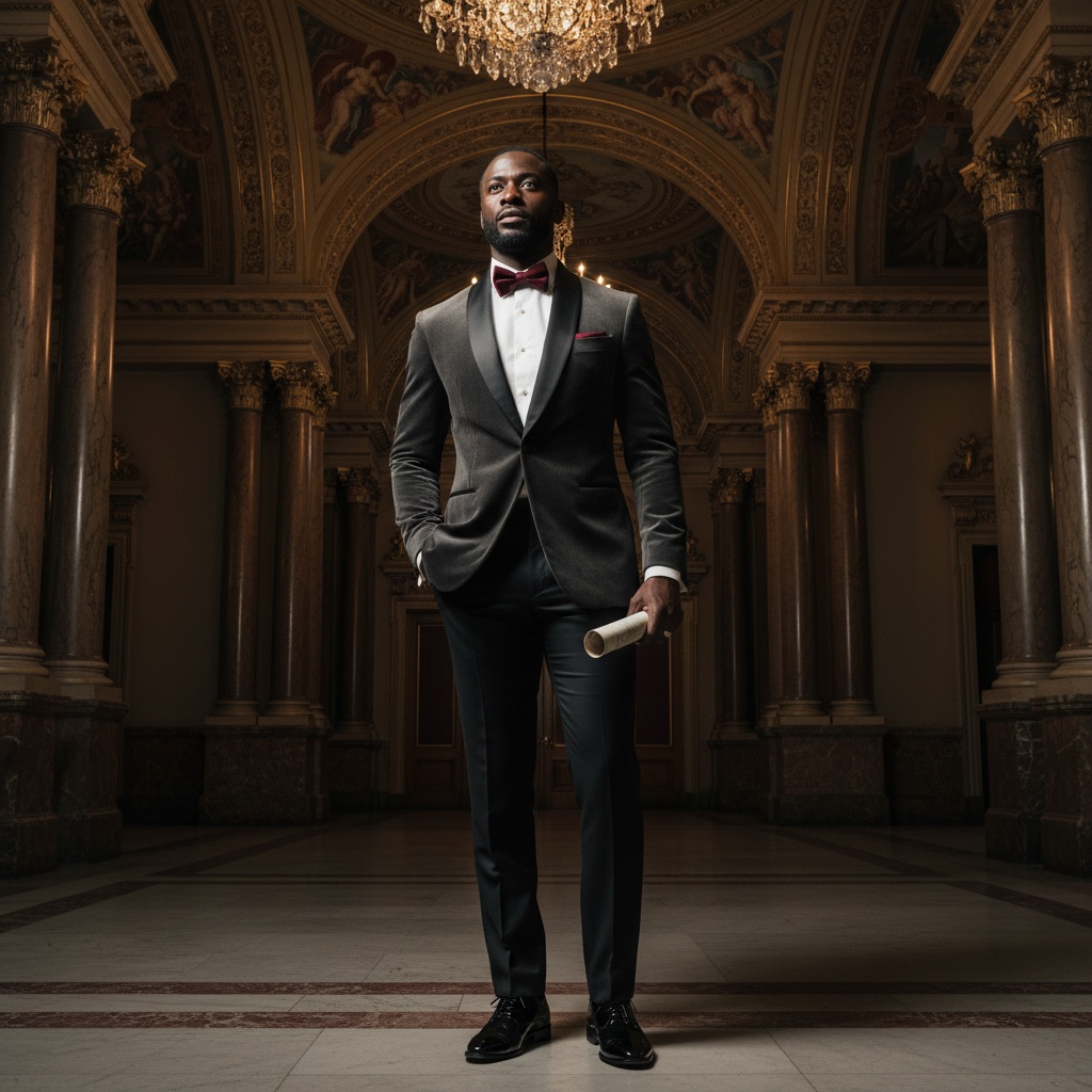 Michael, a commanding black male figure aged 32, stands poised in the grand foyer of a historic opera house, exuding refined elegance. He wears a tailored charcoal velvet tuxedo with a shawl collar, complemented by dark trousers and polished black patent leather shoes. His crisp white dress shirt contrasts with a deep burgundy silk bow tie, enhancing his chiseled jawline and piercing gaze. With one hand in his pocket and the other holding a vintage program, he gazes towards the ornate chandeliers, illuminated by chiaroscuro lighting that highlights his sharp features and the intricate architectural details around him. The scene captures sophistication and anticipation in the world of opera, balanced by the majestic backdrop.