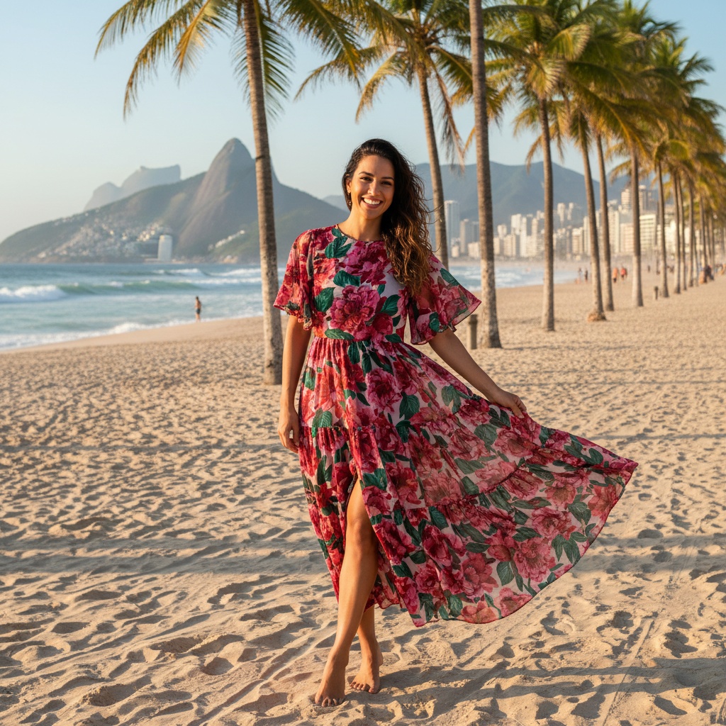 Olivia, a striking 28-year-old Asian Brazilian woman, embodies the spirit of tropical Rio de Janeiro at Ipanema Beach. She wears a stunning, hand-embroidered chiffon dress with vibrant berry-hued floral motifs, flutter sleeves, and a tiered skirt that flows gracefully. With one leg crossed and an inviting smile, she stands amid the lush backdrop of palm trees and turquoise waves, capturing the playful energy of Brazilian culture. The late afternoon sun bathes her in warm golden light, highlighting her joyful spirit and connection to her heritage.