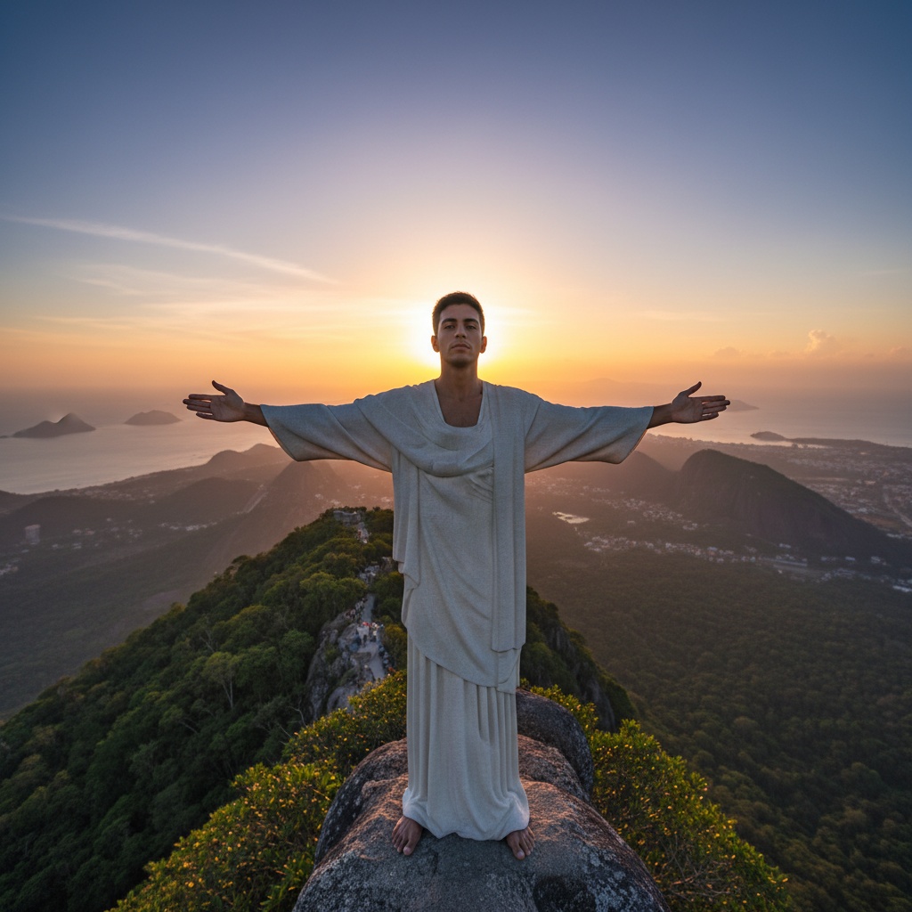 James, a 22-year-old male model of Latin descent, stands majestically atop a rocky outcrop embodying the spirit of Christ the Redeemer during a breathtaking sunset. Dressed in a flowing white linen robe that billows gently in the wind, his confident stance and outstretched arms mirror the iconic statue, conveying peace and hope. The warm golden halo of the setting sun accentuates his features, while the lush greenery of Rio de Janeiro contrasts with the dramatic sky painted in hues of orange, lavender, and deep blue. Captured with a shallow depth of field, James’s expression of serene wisdom is sharply focused, while the background blurs beautifully, inviting reflection on unity and compassion. Lighting creates a chiaroscuro effect, adding depth to the image.