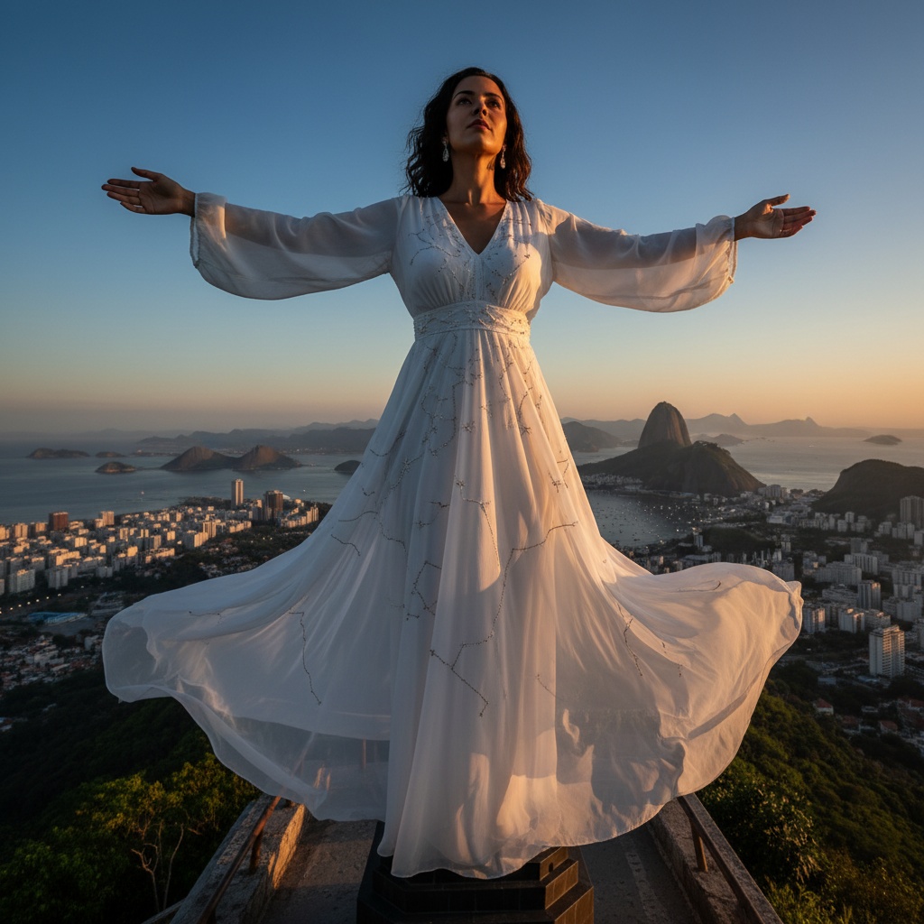 Jane, a powerful and ethereal Latin woman aged 31, stands majestically atop a hill overlooking Rio de Janeiro, channeling the spiritual essence of Christ the Redeemer. She is draped in a flowing white chiffon gown that billows like clouds against the azure sky, embodying a modern-day goddess radiating serenity and strength. The gown features delicate embroidery mimicking celestial patterns, with long sleeves that cascade gracefully, framing her silhouette. Her natural waves of hair catch the golden hues of the setting sun, enhancing her otherworldly glow. The vibrant city below, with its iconic landmarks nestled in lush greenery, contrasts beautifully with her ethereal presence, as the warm golden light of dusk envelops her. The low angle of the composition emphasizes her stature, echoing the grandeur of the statue, while chiaroscuro highlights her features and gown's intricate details. The scene evokes peace and resilience, emblematic of faith and cultural pride, inviting viewers to reflect on beauty and unity in humanity.
