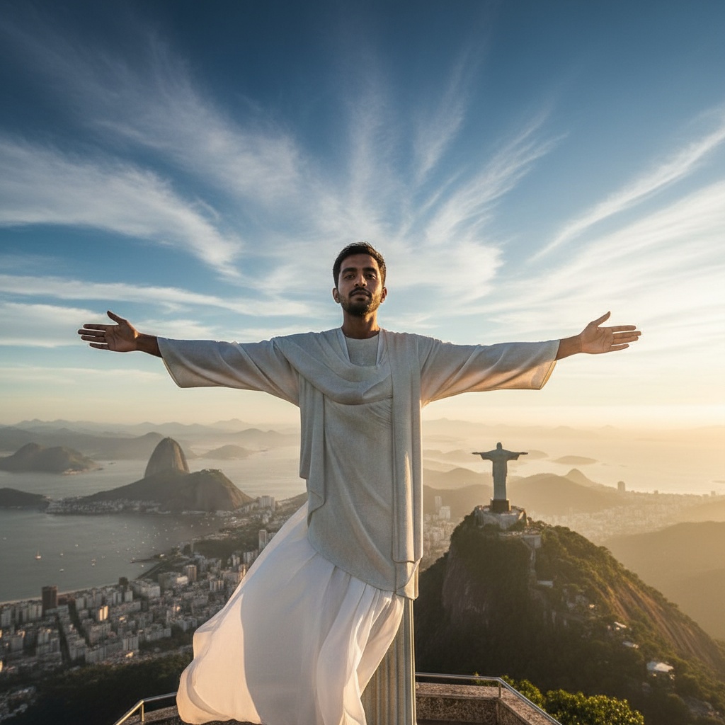 John, a 24-year-old Indian male figure, embodies the spirit of Christ the Redeemer, posing majestically atop a mountain in Rio de Janeiro. Dressed in a flowing white ensemble made of lightweight organza that billows softly in the tropical breeze, he stands with arms outstretched in a welcoming gesture. The azure sky serves as a stunning backdrop, with clouds sweeping by, creating a heavenly atmosphere. Golden hour lighting bathes the scene, casting soft, ethereal rays across his form, highlighting the intricate details of his attire. The iconic statue of Christ the Redeemer subtly integrates in the background, reinforcing the narrative of divinity and humanity intertwined.
