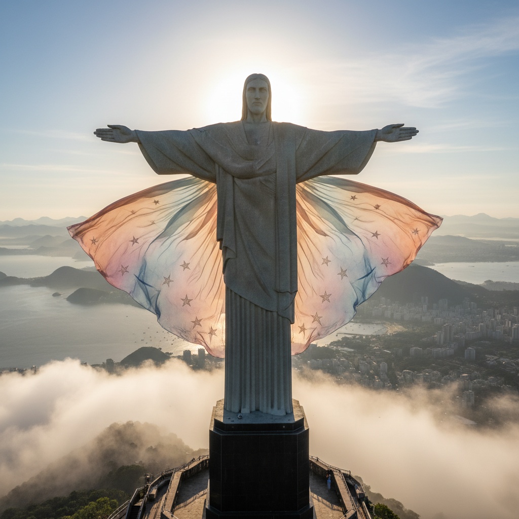 Olivia, a 34-year-old Latin woman, embodies the ethereal grace of a modern-day deity as she stands atop the Christ the Redeemer statue in Rio de Janeiro. Draped in a flowing gown of chiffon georgette that cascades like clouds around her, infused with shades of soft pastel—dawn's blush, sky blue, and whispered lavender. The gown features billowing sleeves reminiscent of angelic wings, adorned with intricate hand-embroidered details that glimmer like stars in the early morning light. The mist envelops the statue while the rising sun casts a golden halo around her figure, creating an atmospheric wonder. Her pose is powerful yet serene, arms gently outstretched, radiating strength and tranquility. The composition follows the golden ratio, with the dramatic landscape of Rio in the background, and butterfly lighting enhancing her delicate features. The scene captures the cultural significance of hope and unity, redefining feminine strength in a contemporary narrative. This image serves as an inspiration, inviting reflection on the connection to the divine.