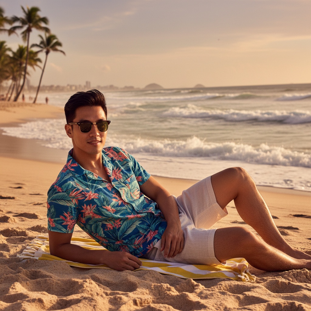 David, a charismatic 22-year-old Asian man, lounging effortlessly on the sun-kissed sands of Copacabana Beach. He sports a vibrant tropical-print short-sleeve shirt in azure and coral paired with tailored linen shorts, while classic Ray-Ban sunglasses reflect the glimmering sunlight. His pose is relaxed yet confident, with one elbow on a sun-bleached towel, legs stretched out, and a playful smirk on his lips. The backdrop of crashing waves and swaying palm trees, under the warm golden hour light, evokes the carefree essence of summer and beach culture, perfect for a high-end fashion shoot.