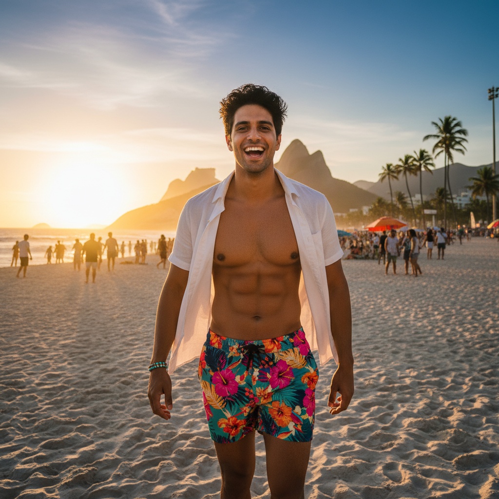 John, a striking 23-year-old Indian male figure, embodies the vibrant spirit of Copacabana, exuding charisma and youthful exuberance. He wears a tailored white linen short-sleeve shirt paired with tropical floral swim trunks that echo the lively beach environment. His sun-kissed skin highlights a sculpted physique, and a playful turquoise beaded bracelet adorns his wrist. Caught mid-stride on the golden sands, he interacts playfully with the environment, surrounded by beachgoers, palm trees under a cobalt sky, and the warm glow of the setting sun, capturing the essence of summer in Rio de Janeiro. His inviting smile and tousled hair are accentuated by dynamic lighting.