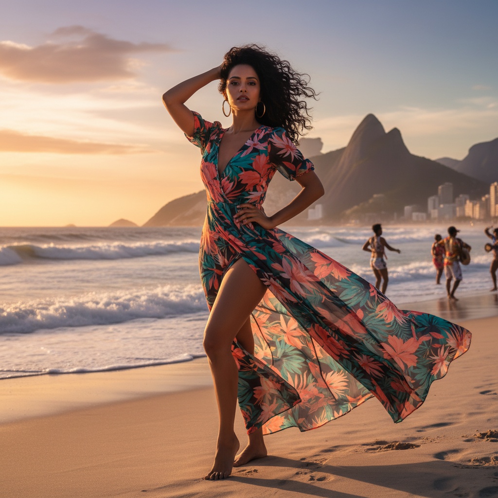 A vibrant portrait of Jane, a 34-year-old Indian woman, embodying the essence of Rio de Janeiro's exuberant energy on Ipanema beach at sunset. She wears a striking, high-slit tropical-print chiffon dress in bold coral, emerald, and cerulean hues, billowing gracefully in the ocean breeze. Her natural curls dance with the waves, and oversized gold hoop earrings catch the sunlight. In a confident yet relaxed pose, one hand tousles her hair while the other rests on her hip, exuding effortless glamour. The golden hour's soft, diffused lighting highlights her sun-kissed skin, with shadows playing along the sand, creating depth. The composition radiates joy and liberation, resonating with the festive spirit of Carnival. This photograph captures the vibrant culture of Rio and evokes a sense of wanderlust.