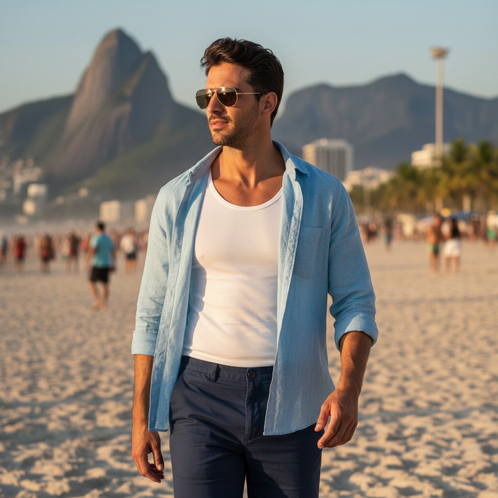 John, a striking Middle Eastern male figure aged 35, embodies the vibrant spirit of Rio de Janeiro against the backdrop of the iconic Sugarloaf Mountain. He wears a lightweight, unbuttoned aquamarine linen shirt over a crisp white tank top and deep navy tailored shorts, perfectly blending casual elegance with the city's energy. The warm, golden sunset casts highlights on his sculpted physique as he strolls along the sandy Copacabana beach. His tousled hair and aviator sunglasses frame his chiseled features. The composition artfully positions him slightly off-center, with a shallow depth of field rendering the vibrant colors of beachgoers and palm trees in a dreamy blur, evoking the carefree essence of Rio. This scene captures the summer vitality and cultural richness of Brazil's coastal paradise.