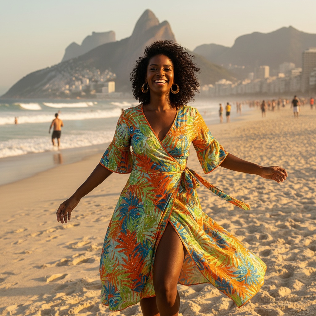 Olivia, a 33-year-old Black woman, embodies the vibrant spirit of Rio de Janeiro on the sun-soaked Copacabana beach, captured in a mid-motion dance pose. She wears a striking, hand-embroidered tropical-print wrap dress in vivid oranges and greens that flows gracefully with the ocean breeze. Her oversized hoop earrings catch the golden hour sunlight, while her natural waves move rhythmically in the wind. The iconic mountains of Rio serve as a soft backdrop to the shimmering waves, enhancing the scene filled with joy and the essence of Brazilian Carnaval.