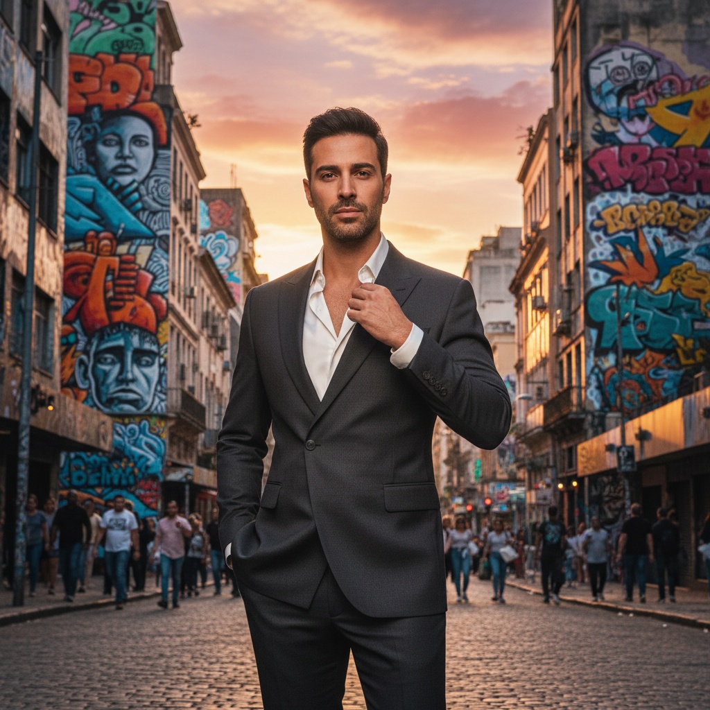 David, a striking Arab male figure aged 34, exuding urban sophistication against the vibrant backdrop of São Paulo’s iconic skyline. He is styled in a tailored charcoal mohair suit with an avant-garde asymmetrical jacket and a crisp white silk shirt, which adds a rebellious flair. The dynamic street art murals and bustling pedestrians behind him create a colorful canvas. The golden hour light casts long shadows, enhancing the contours of his face and sleek attire. With a relaxed yet confident pose, one hand in his pocket and the other grazing his collar, he embodies the electric atmosphere of São Paulo's eclectic culture, combining high fashion with urban art.