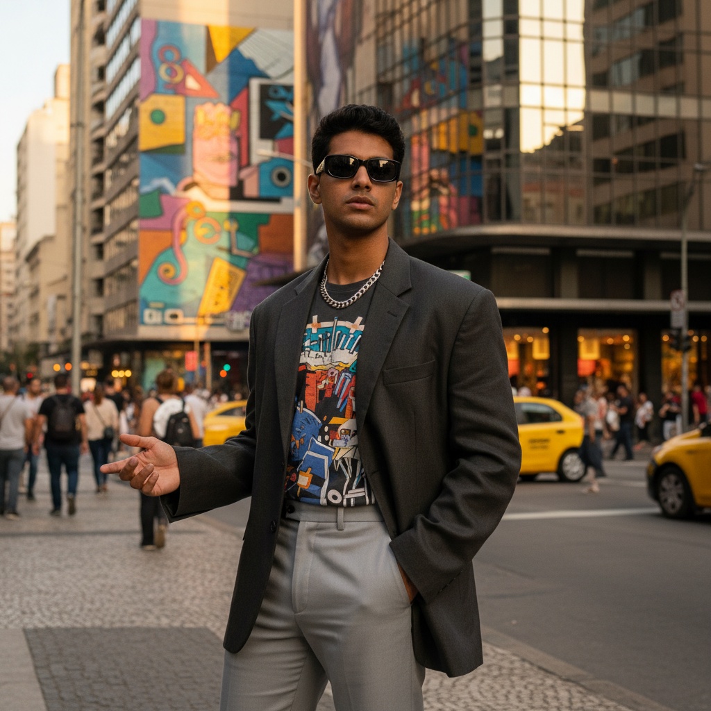 David, a striking 22-year-old Indian male model, embodies the vibrant spirit of São Paulo in a bustling urban setting. He is dressed in a tailored, oversized charcoal blazer made from lightweight linen, paired with a bold graphic T-shirt showcasing an abstract print inspired by Brazilian street art. Accessories like a chunky silver chain and sleek sunglasses lend an edgy vibe. Standing on a busy sidewalk, he poses amidst the dynamic architecture of São Paulo, with skyscrapers reflecting colorful street murals. His slight S-curve stance, one hand in his pocket and the other gesturing to the cityscape, conveys confidence and curiosity. The golden hour lighting casts soft shadows sculpting his features, capturing the essence of youthful exuberance and cultural significance in this vibrant city.