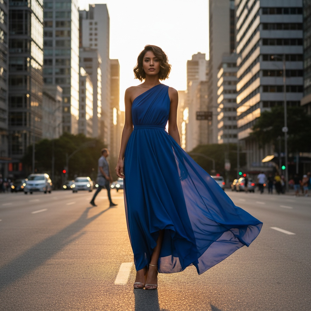 Sarah, a captivating 28-year-old Arab woman, stands confidently on bustling Paulista Avenue in São Paulo. She wears a daring asymmetrical electric blue chiffon dress that billows gracefully with her movement, reflecting the vibrant spirit of the city. Her chic textured bob frames her face, with soft waves catching the evening sunlight. Behind her, the iconic skyline of São Paulo, featuring glass and concrete structures, mirrors the creative chaos of the urban environment. The photograph captures golden hour shadows, isolating her from the frenetic city life while showcasing contemporary Brazilian culture in a bold and empowering way.