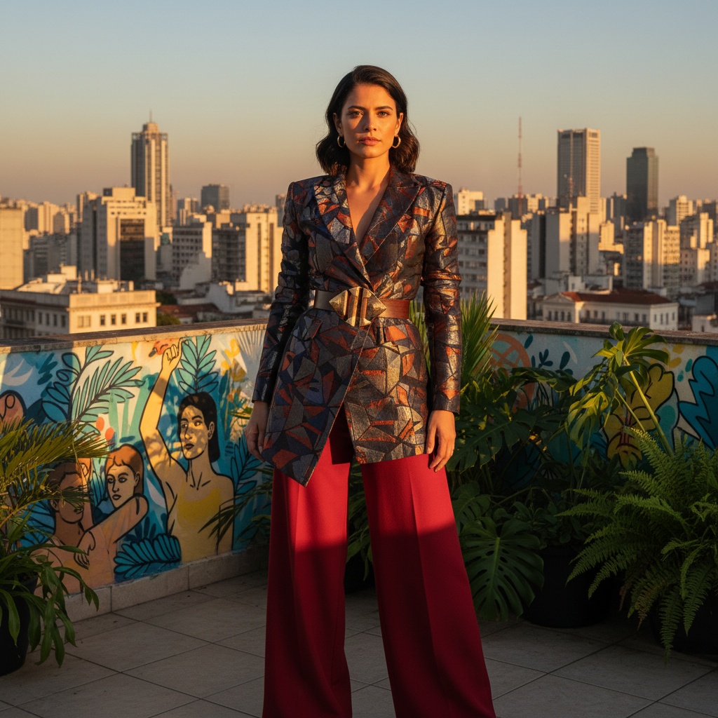 Sarah, a striking 35-year-old Latin female, stands confidently against the São Paulo skyline, embodying the city's vibrant urban spirit. She's dressed in a tailored, asymmetrical blazer made from charcoal mikado silk with bold geometric patterns, paired with high-waisted, wide-leg trousers in electric merlot. A sculptural belt accentuates her waist, complementing her statuesque silhouette. Her hair is styled in sleek geometric waves, adorned with minimalistic gold hoops for modern elegance. The warm golden sunlight enhances the textures of her outfit, creating a captivating blend of urban sophistication and cultural vibrancy amidst artistic street murals and lush greenery.