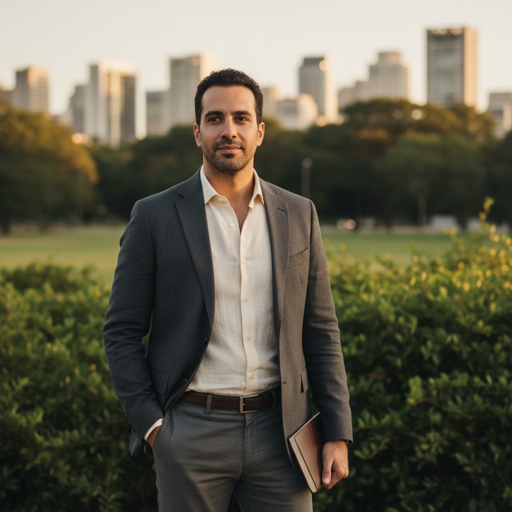 John, a 33-year-old male of Middle Eastern descent, standing confidently in Ibirapuera Park, São Paulo. He embodies the chic cultural essence of the city, dressed in a tailored charcoal linen blazer over an ivory linen shirt, complemented by tailored trousers. The lush greenery and contemporary architecture frame him, bathed in the golden hour sunlight that highlights his features. One hand is casually in his pocket while he holds a sleek leather notebook, exuding a relaxed sophistication. The soft natural lighting and shallow depth of field draw attention to his contemplative yet charismatic expression, encapsulating the intersection of modernity and nature in this vibrant urban space.