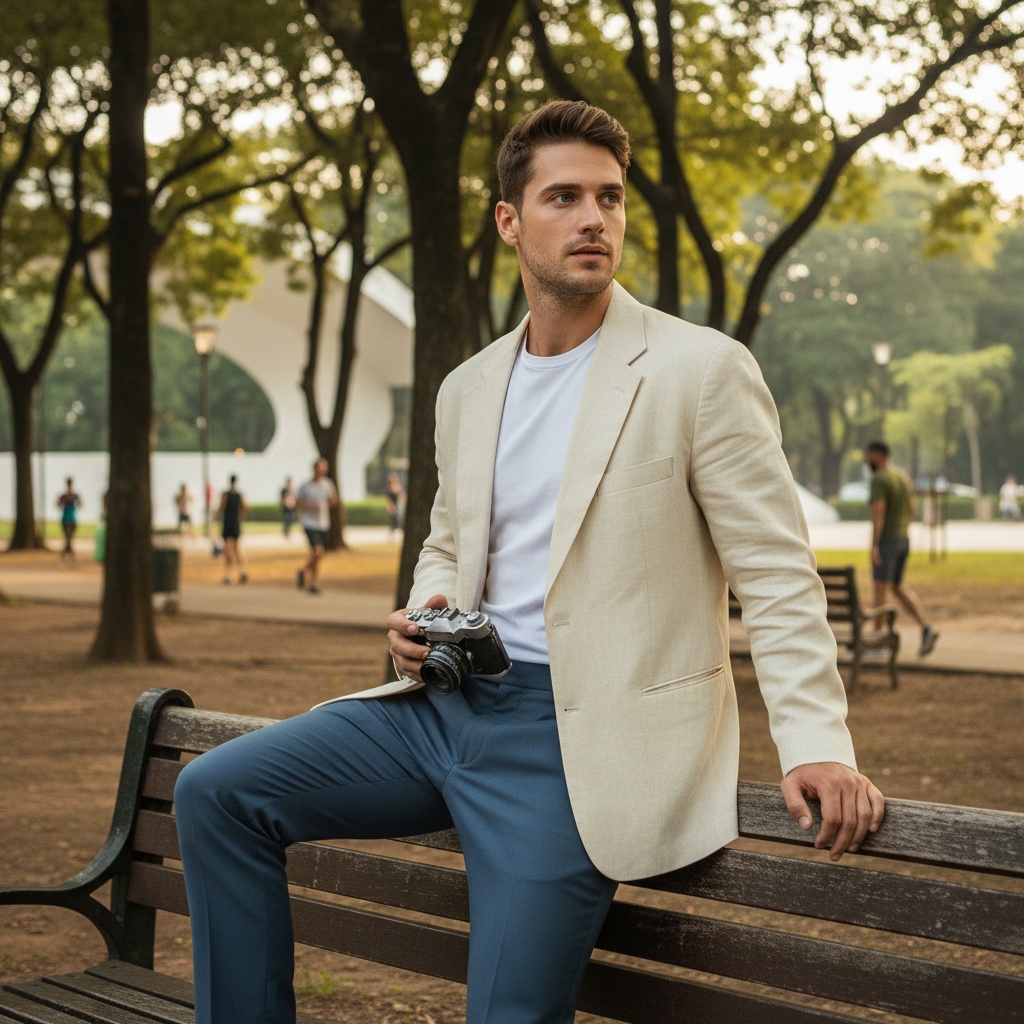 John, a striking 24-year-old white male, embodies youthful exuberance in the lush Ibirapuera Park, São Paulo. He's wearing an oversized cream-colored linen blazer over a fitted white T-shirt and tailored slate-blue chinos, exuding breezy sophistication. Standing amidst iconic modern architecture by Oscar Niemeyer, sunlight filters through the leaves, casting dappled shadows across his strong jawline and deep-set eyes, which convey adventure and contemplation. His relaxed pose features one foot on a bench, left arm draped back, and right hand holding a vintage camera, symbolizing nostalgia and modernity. The lively atmosphere reflects the pulse of the city around him, capturing the essence of youthful aspiration.