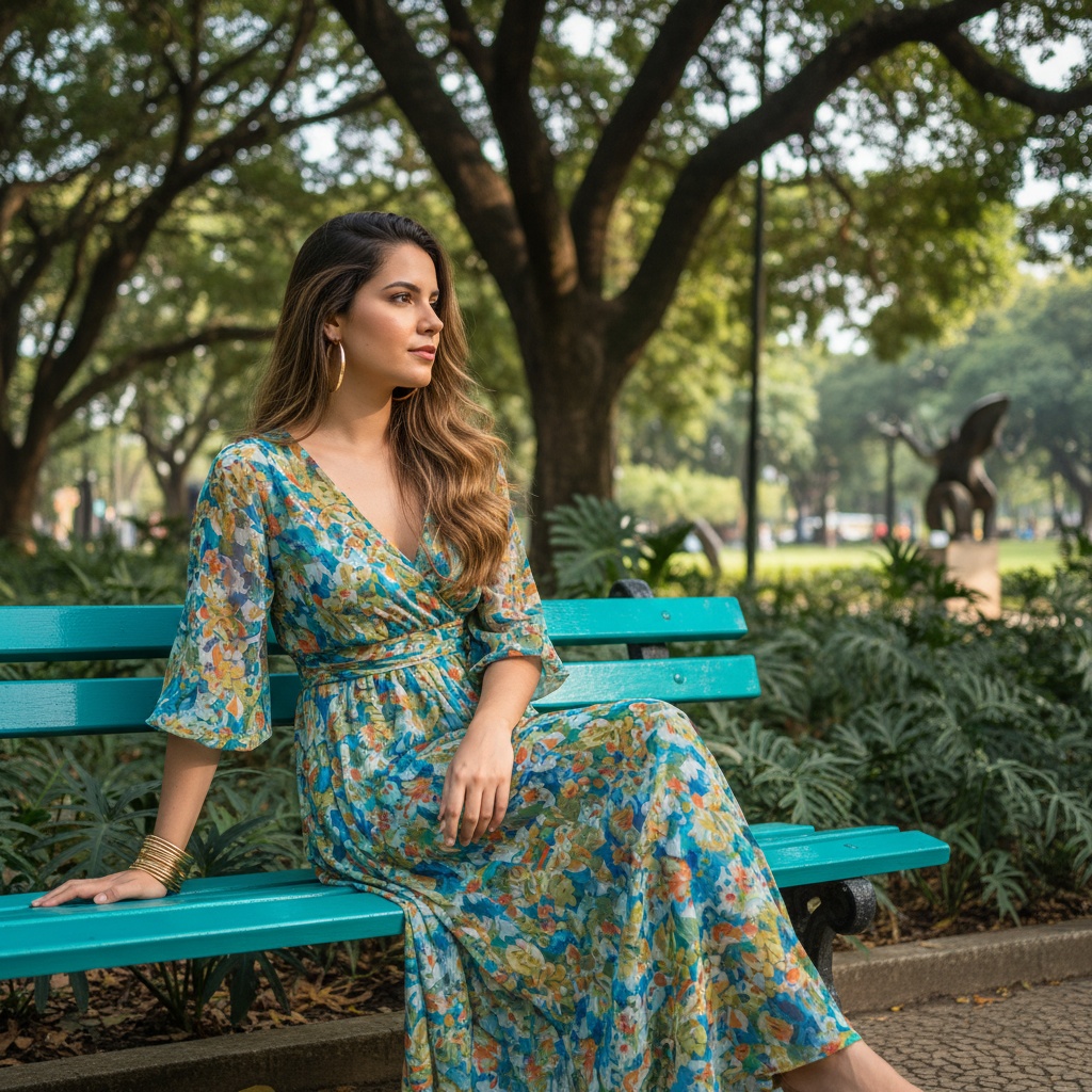 Olivia, a striking 22-year-old Latin woman, seated gracefully on a vibrant turquoise bench in Ibirapuera Park, adorned in a flowing multicolored chiffon maxi dress that dances in the breeze. Her long, sun-kissed hair falls in loose waves, and she accessorizes with bold gold jewelry, including oversized hoop earrings and stacked bracelets. The soft afternoon sun filters through the trees, casting dappled light that accentuates her serene expression as she gazes contemplatively into the distance. Surrounded by the lush greenery and artistic elements of the park, the composition captures a moment of youthful beauty and tranquility in a vibrant urban setting, employing the rule of thirds for an engaging visual narrative. The use of soft, natural light enhances the dreamlike quality of this enchanting portrait.