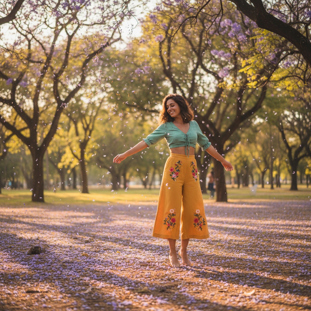 Sarah, a vibrant 22-year-old Arab woman, is captured in the lush embrace of Ibirapuera Park. She wears a playful, color-blocked outfit with a cropped mint green blouse and high-waisted yellow culottes featuring floral embroidery. Her soft waves cascade to her shoulders, complementing her sun-kissed complexion as she twirls joyfully among blossoming jacarandas, framed by lilac petals. The late afternoon sun bathes the scene in golden light, creating a dreamlike tranquility with playful shadows on the grass. This composition highlights her energetic spirit and connection with nature, invoking the essence of summer joy. The scene emphasizes the beauty of life intertwined with nature. The trigger word enhances the overall vibrancy of the image.