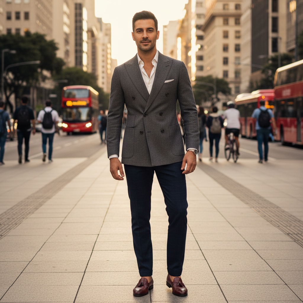 James, a striking 35-year-old Middle Eastern male model, stands confidently on bustling Paulista Avenue in São Paulo, exuding urban chic. He wears a tailored charcoal grey double-breasted cashmere blazer over a casually unbuttoned white silk shirt. His high-waisted, checkered navy trousers and polished mahogany loafers enhance his refined yet contemporary look. With cropped hair and an effortless cool expression, he blends perfectly with the vibrant street life and architectural masterpieces around him. The golden hour light casts a warm glow, amplifying the dynamic energy of the city.