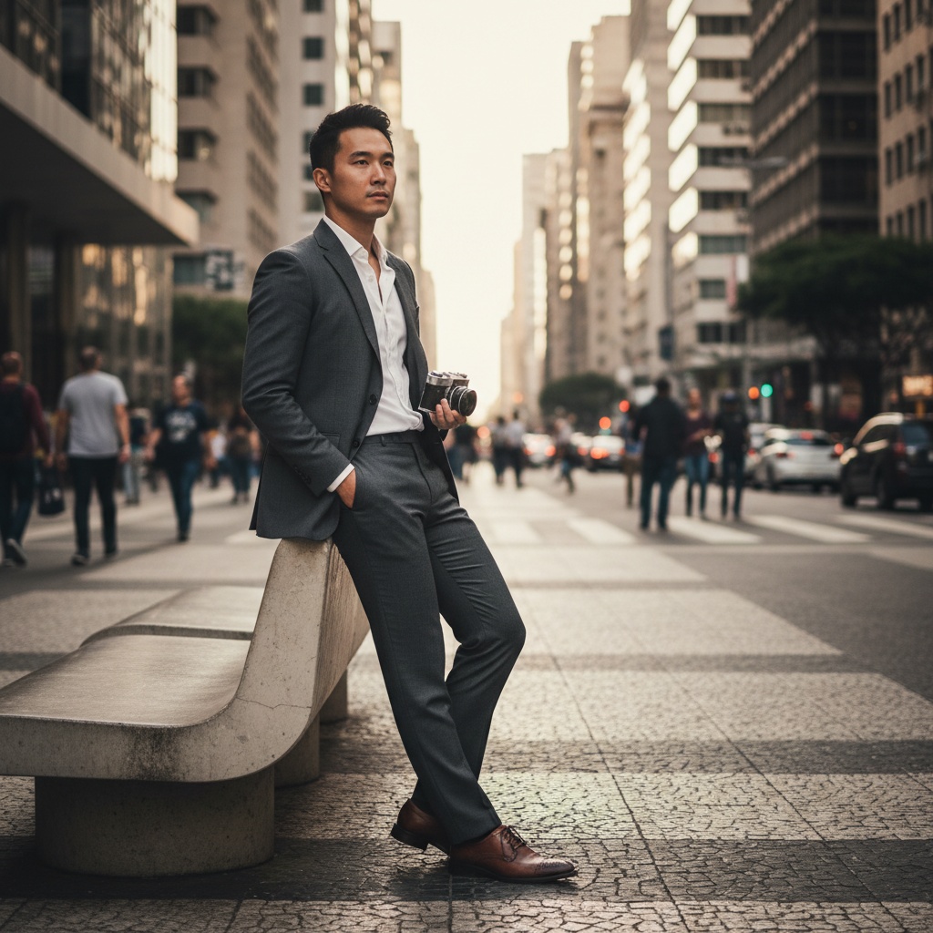 James, a striking 23-year-old Asian male exuding urban chic, poses on São Paulo’s iconic Avenida Paulista in a tailored charcoal suit with sharp lapels and a crisp white shirt, unbuttoned for relaxed sophistication. He wears polished oxford brogues, reflecting the vibrant city lights around him. The mid-afternoon sunlight cascades through glass buildings, creating a dynamic backdrop. Leaning against a modernist bench, with one hand in his pocket and the other holding a vintage camera, he gazes toward the bustling street, radiating confidence as an urban explorer. The composition uses the golden ratio, emphasizing his presence against the blurred motion of pedestrians and the interplay of light and shadow, encapsulating the spirit of youth and vibrancy in the city.