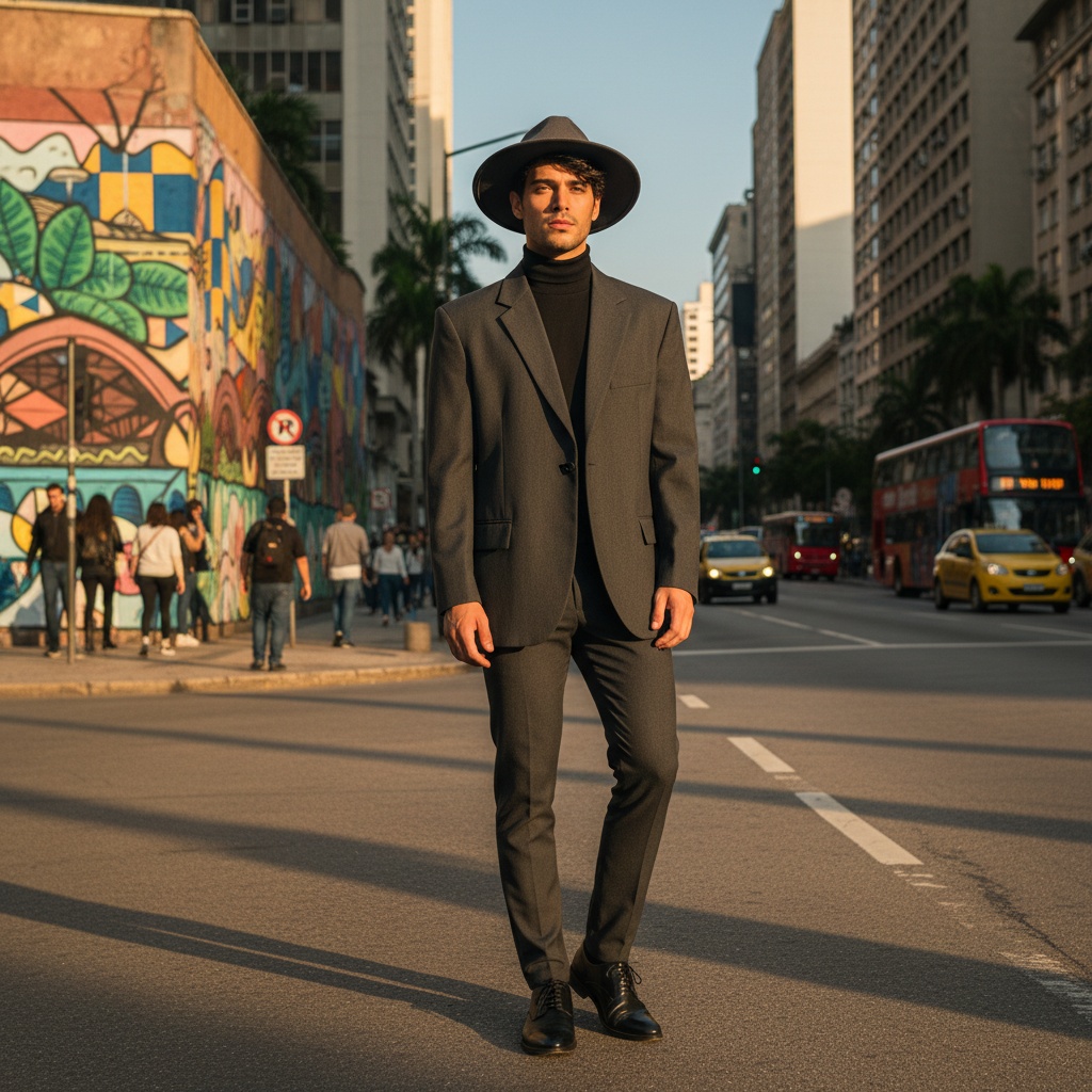 John, a striking 25-year-old Latin male figure, stands confidently on Paulista Avenue, São Paulo, embodying the vibrant pulse of the city. He is dressed in a tailored charcoal gray oversized blazer with sharp, asymmetrical lapels over a lightweight black turtleneck. His slim-fit trousers match the blazer, flowing into polished oxford shoes for a streamlined silhouette. Tousled hair peeks out from under a wide-brimmed felt hat, adding an artistic edge. The golden hour sunlight casts a warm glow on his face, accentuating his defined cheekbones, while shadows create cinematic depth. Positioned off-center, he is framed by graffiti murals and the dynamic city life, captured in a wide-angle perspective that enhances the urban narrative. This photograph encapsulates youthful sophistication and the cultural energy of the vibrant metropolis, embodying modern chic and empowerment.