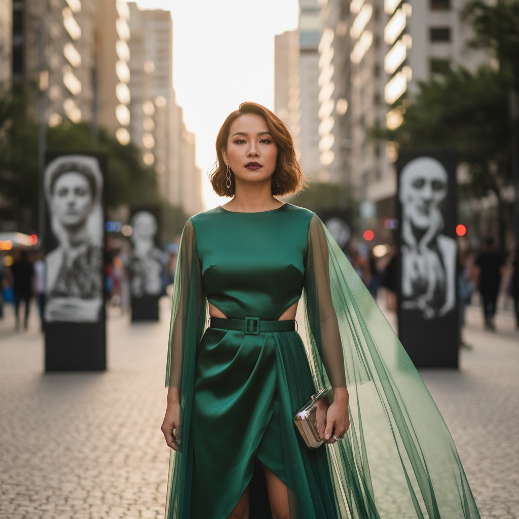 Sarah, a poised 35-year-old Asian woman, stands confidently at the vibrant heart of São Paulo's Paulista Avenue. Dressed in an architectural, asymmetric emerald green silk dress with daring cutouts and a cascading tulle illusion overlay, she embodies urban sophistication and Brazilian flair. A tailored belt cinches her waist, while she holds a sleek metallic clutch that reflects the city's energy. Her chic, tousled bob frames her face, accented by bold, dramatic makeup featuring warm tones and a striking berry lip. The background is a lively tapestry of high-rise buildings and art installations, with subtle bokeh effects enhancing her presence. Golden hour sunlight creates a masterful play of light and shadow, highlighting her as a symbol of resilience and elegance. The image radiates confidence and sophistication, capturing a deep connection to urban life.