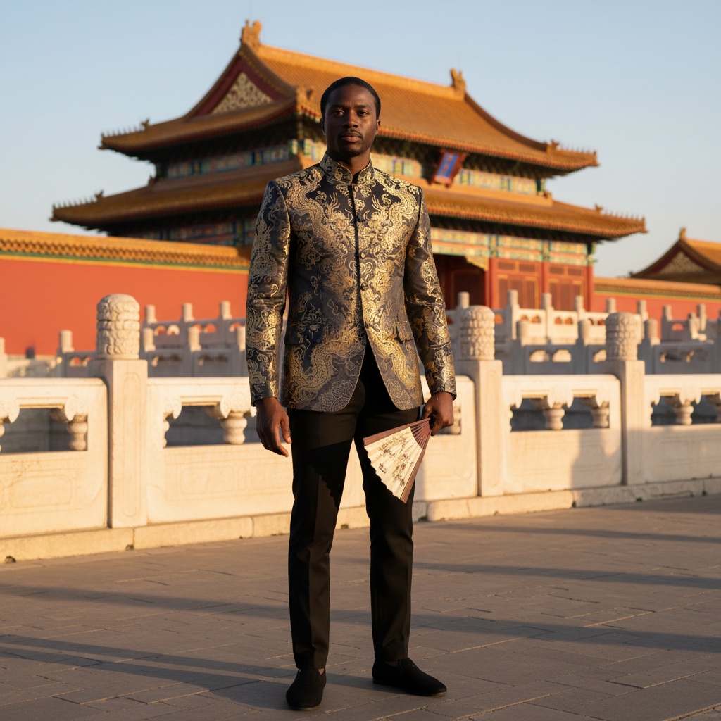 David, a 35-year-old Black male figure, embodies the essence of a modern-day samurai against the stunning backdrop of Beijing’s Forbidden City during the golden hour. He wears an avant-garde tailored jacket made of charcoal silk brocade, intricately embroidered with golden dragon motifs, paired with sleek black trousers and traditional Chinese slip-on shoes. David's regal posture and slicked-back hair project confidence, as he holds a delicately crafted fan, enhancing the cultural depth of the scene. The warm glow of the sun highlights the intricate details of his outfit and the architectural grandeur behind him, creating a timeless yet modern composition that reflects tradition and sophistication.