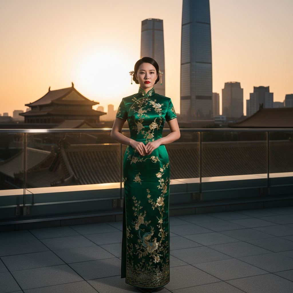 Emily, a striking 35-year-old Asian female figure, stands poised atop a modernist rooftop in the heart of Beijing, embodying a blend of ancient tradition and contemporary elegance. She wears a sumptuous, tailored qipao made of rich emerald silk with intricate gold embroidery, cascading to the floor. Her hair is styled in a classic updo adorned with delicate jade hairpins, and her bold red lips evoke cultural celebration. The setting sun bathes the skyline in warm, ethereal light, highlighting the architectural grandeur of the Forbidden City against sleek skyscrapers. Her dynamic yet regal stance celebrates the feminine form, with chiaroscuro lighting enhancing the details of her attire. This image encapsulates cultural pride and modern sophistication, portraying a woman at the intersection of history and the future. The photograph captures the essence of the enduring allure of Beijing.