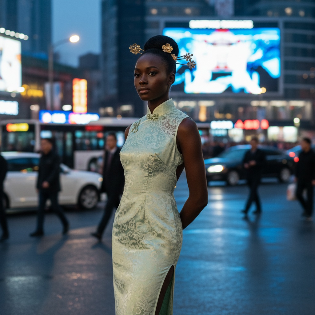 Sarah, a 24-year-old black female model embodying modern Beijing beauty, stands confidently in a bustling urban landscape at dusk. Clad in a soft jade green silk qipao with intricate lace patterns, she exemplifies a fusion of traditional craftsmanship and contemporary chic. Her sleek high bun is adorned with delicate gold hairpins, complementing her radiant yet understated makeup. The vibrant city backdrop glows with neon lights, reflecting off glossy surfaces, capturing the electric energy of the metropolis. The composition highlights her presence amidst blurred motion of pedestrians and traffic, using chiaroscuro lighting to enhance depth and celebrate the intersection of tradition and modernity in urban life. The image encapsulates a cultural narrative that conveys ambition and grace.