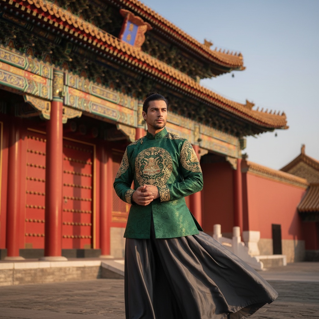 David, a striking 32-year-old Middle Eastern male figure, stands in contemplative poise at the entrance to the Forbidden City. He is dressed in an opulent ensemble featuring a deep jade embroidered brocade tunic with gold thread details, paired with flowing silk trousers that create a dynamic contrast. His hair is styled in a sleek topknot, giving him a regal aura. His serene expression embodies wisdom and charisma, reminiscent of a modern-day emperor. The ornate eaves and vibrant red pillars of the Forbidden City frame him, enhanced by golden hour sunlight that creates an ethereal glow, highlighting the intricate patterns of his attire and rich architectural details. The composition follows the golden ratio, blending heritage and power, capturing the essence of timeless elegance.