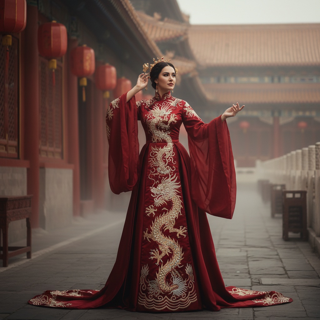 Emily, a 35-year-old Middle Eastern woman, stands confidently in the Forbidden City, embodying the spirit of a contemporary monarch. She wears a breathtaking gown of deep crimson silk organza with intricate dragon embroidery, complemented by a high mandarin collar and flowing sleeves. One hand adjusts a golden hairpin adorned with jade while the other extends gracefully, depicting an elegant S-curve. The backdrop showcases the iconic red and gold architecture shrouded in ethereal mist, with hanging lanterns casting a warm glow, enhancing her presence. The composition employs chiaroscuro techniques, highlighting her strength and femininity, creating a powerful visual narrative steeped in cultural richness.