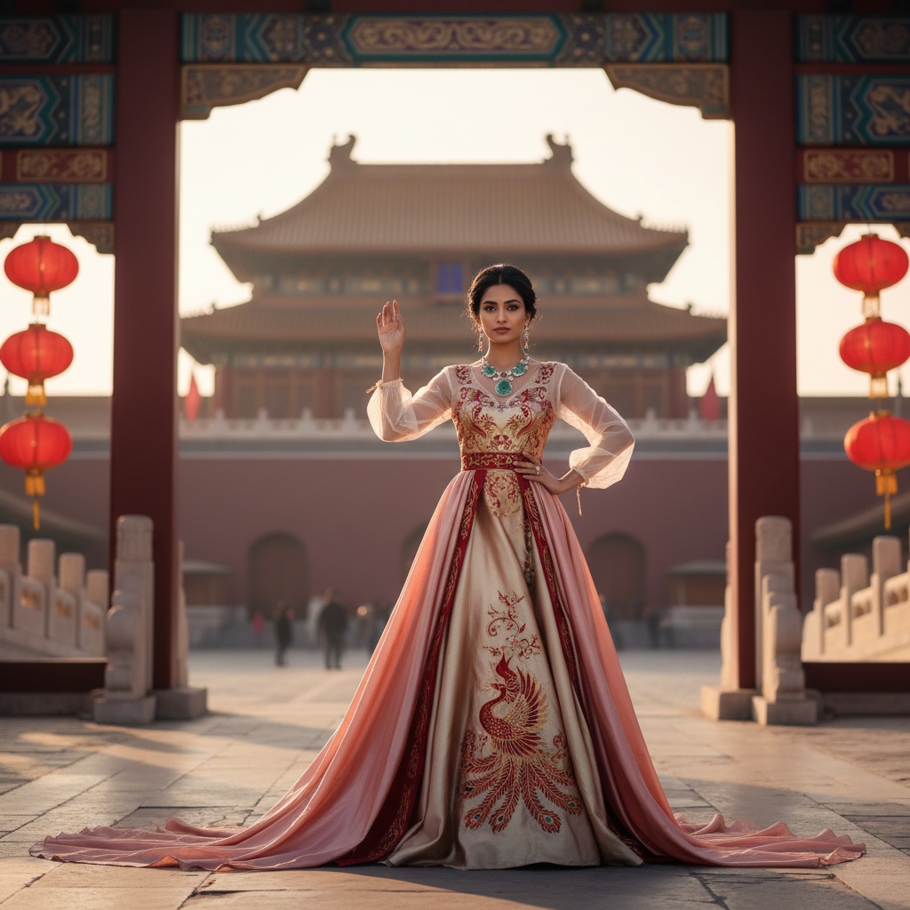 Emily, a stunning 24-year-old Indian female model, is positioned regally at the entrance of the Forbidden City. She embodies the essence of a modern empress, clad in a breathtaking gown made of shimmering silk charmeuse with hand-embroidered phoenix motifs in crimson and gold. The dramatic train and delicate tulle illusion sleeves accentuate her regal presence. A lavish jade necklace and statement earrings complete her look. The majestic architecture of the Forbidden City forms a stunning backdrop, with golden sunlight casting an ethereal glow, adding to the opulence of the scene. Emily's confident pose, with one arm elegantly lifted and the other on her hip, invites viewers into a world of cultural richness and modern elegance. The warm, diffused lighting enhances her flawless skin and draws attention to her piercing gaze, making this image a celebration of heritage and empowerment. The ambiance is dreamlike, with lanterns adding magic to the moment.