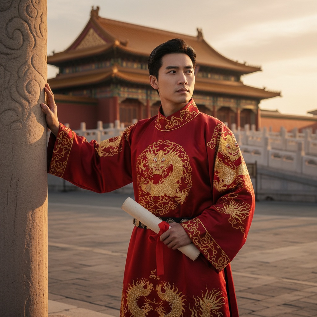 James, a striking 32-year-old male figure, stands at the entrance of Beijing's Forbidden City, dressed in an opulent crimson silk robe embroidered with gold dragons, embodying the regal spirit of Ming dynasty emperors. His contemplative expression and dark eyes reflect a blend of modernity and tradition. One hand rests on a carved stone pillar, while the other holds an ancient scroll, hinting at hidden knowledge. The backdrop features the grandeur of the Forbidden City with its vibrant vermilion walls, illuminated by the warm golden light of the late afternoon sun, enhancing the delicate textures of his robe and the architectural details behind him. The composition invites the viewer to contemplate legacy and cultural identity, capturing the haunting charm of history with a modern twist.
