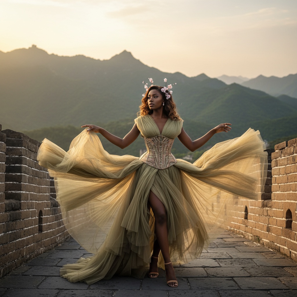 Emily, a striking 25-year-old black female figure, poised atop the Great Wall of China. She embodies strength and grace in an avant-garde, asymmetrical gown made of khaki chiffon and structured tulle, echoing the natural landscape. Her intricate corset detailing cinches her waist, while the flowing train dances with the breeze against the backdrop of lush mountains. Soft waves cascade her hair, adorned with cherry blossom hairpins, blending traditional and modern aesthetics. With a thoughtful gaze towards the horizon, she reflects the beauty of a wanderer steeped in history. Golden hour lighting bathes the scene in a warm, ethereal glow, emphasizing the textures of the ancient stones and the pastel colors of the sunset. Her dynamic yet balanced pose, with one leg slightly forward and arms gracefully extended, radiates the spirit of adventure and cultural heritage. This image is a testament to the intersection of tradition and personal expression.