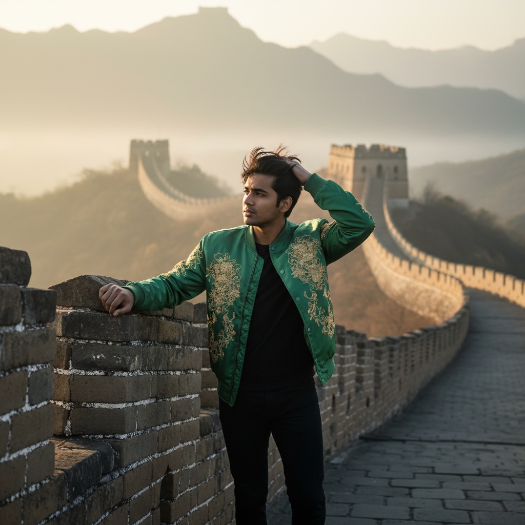 James, a 23-year-old Indian male figure, stands heroically atop the Great Wall of China, embodying the spirit of adventure and exploration. He is dressed in a contemporary jade green bomber jacket with intricate golden motifs, paired with sleek black chinos. His confident pose, with one hand on a crumbling parapet and the other brushing back wind-tousled hair, captures a moment of introspection. The background features the Great Wall's majestic curves against undulating hills and misty mountains, bathed in warm morning light that casts long shadows, enhancing the scene's historical depth. The composition uses a golden ratio and shallow depth of field to create a dreamlike quality, evoking a blend of youthful exuberance and respect for cultural heritage.