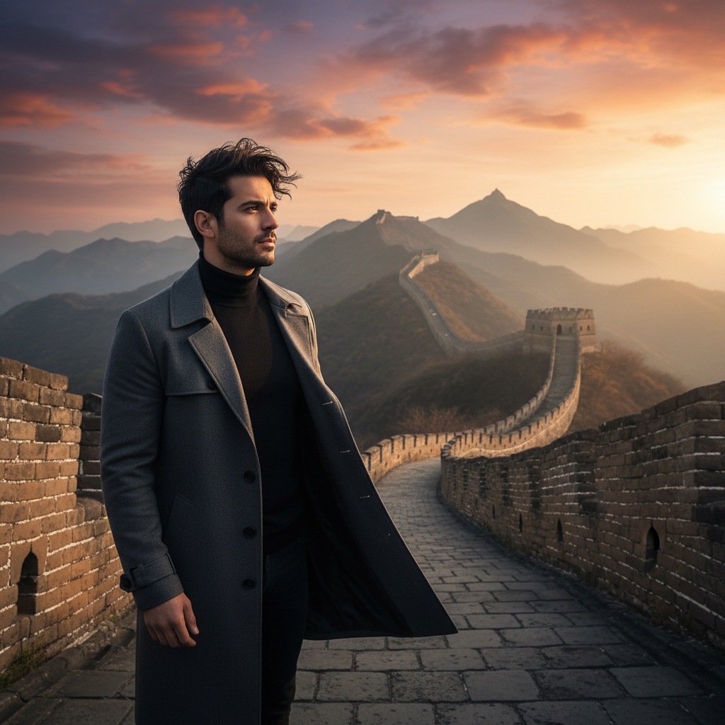 James, a 34-year-old Middle Eastern man, stands poised on the ancient stones of the Great Wall of China, clad in a tailored charcoal-gray trench coat that flares slightly at the waist, revealing a fitted black turtleneck underneath. The setting sun casts a warm golden hue, sculpting his features in dramatic chiaroscuro. His tousled dark hair flutters in the soft wind as he gazes thoughtfully towards the horizon, embodying strength and reflection amidst the historical grandeur of the Wall and the rolling hills. The composition follows the rule of thirds, beautifully highlighting both his sophistication and the majesty of the landscape.