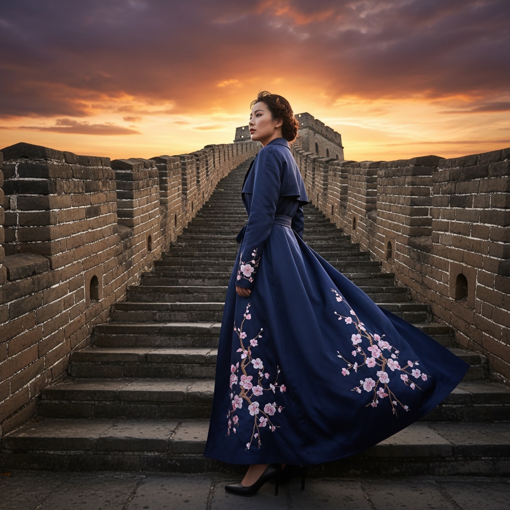 Sarah, a captivating 34-year-old Asian woman poised atop the ancient steps of the Great Wall of China, dressed in a luxurious, flowing trench coat of rich, midnight blue silk. The coat features intricate hand-embroidered motifs resembling traditional Chinese art, with cherry blossoms cascading along the hemline. Her hair is styled in a graceful updo, loose tendrils framing her face, as she gazes contemplatively into the distance, exuding strength and elegance. The grandeur of the Great Wall and its golden sunset backdrop create a stunning chiaroscuro effect, emphasizing her ethereal beauty and the rich cultural tapestry of this historic site. The composition is from a low angle, embodying both adventure and sophistication. The photograph captures a deep connection between heritage and the modern woman.