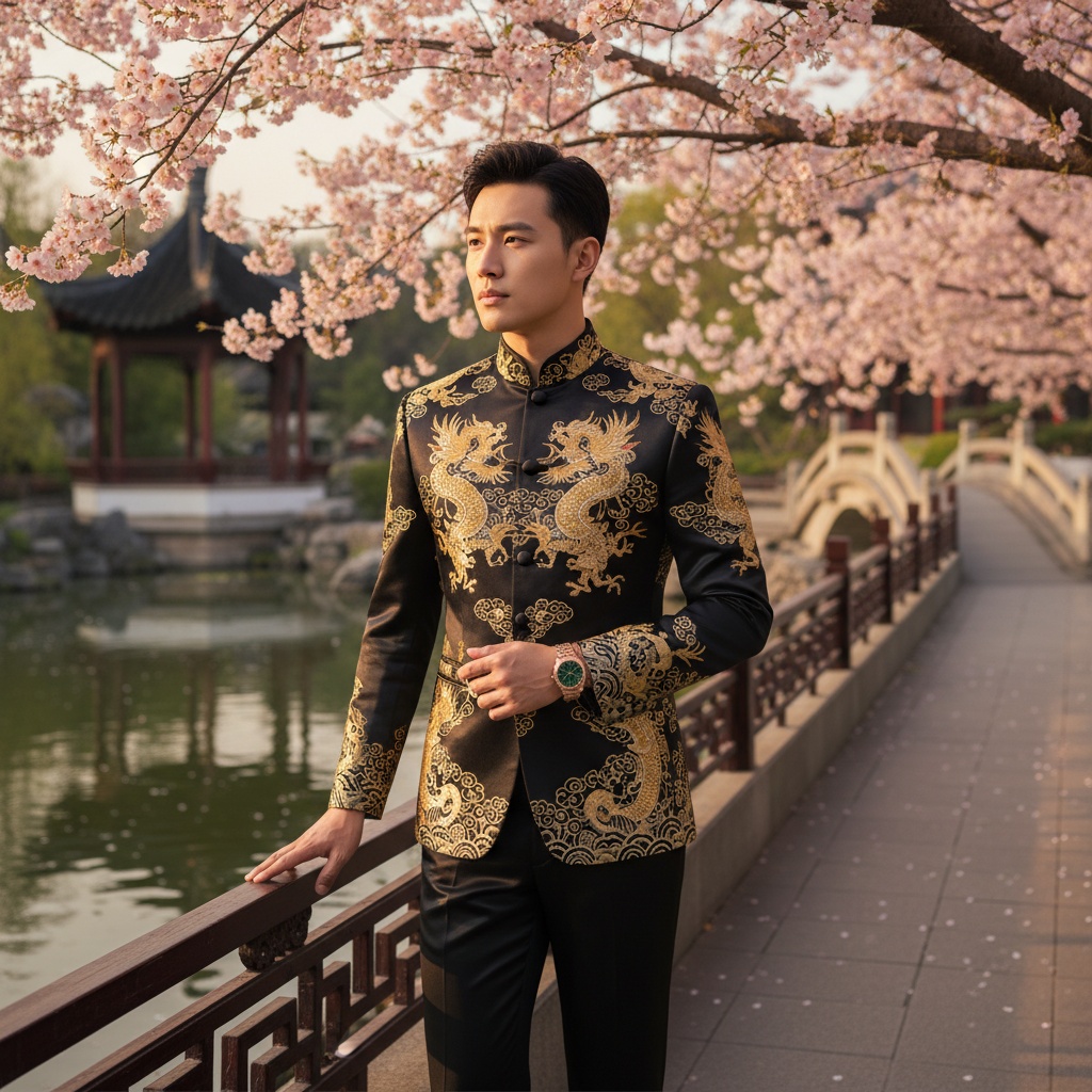 David, a 30-year-old male model embodying contemporary Chinese aristocracy, stands gracefully in a serene Chinese garden. Dressed in a meticulously tailored black silk Changshan adorned with intricate gold brocade, he captures a magnetic blend of tradition and modernity. As cherry blossoms sway gently, casting soft shadows on the stone pathway, his regal pose exudes elegance. One hand rests on an ornate wooden railing while the other subtly showcases a rose gold wristwatch with jade accents. The warm cinematic lighting enhances his contemplative expression and the luxurious texture of his attire, merging cultural sophistication with modern style. This image encapsulates a harmonious moment of heritage meeting contemporary fashion.