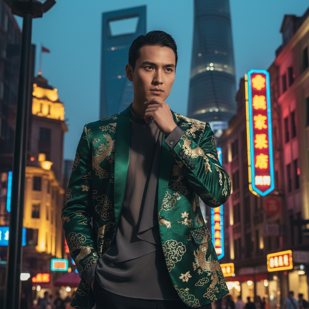 James, a 24-year-old male model exuding contemporary Chinese elegance, stands poised amid the bustling urban backdrop of Shanghai. He is draped in a tailored, kimono-inspired jacket made of deep jade silk brocade, intricately embroidered with gold detailing. Underneath, he wears a fitted charcoal shirt made from layered chiffon georgette that allows for fluid movement, enhancing his effortless grace. His sleek, modern hairstyle is slicked back, contrasting with the richness of his attire. The striking pose, with one hand in his pocket and the other resting against his chin, captures a moment of thoughtful contemplation against a backdrop of neon lights and historic architecture. The dramatic lighting casts bold shadows across his angular features, emphasizing the textures of his ensemble, embodying the spirit of a new generation reflective of cultural evolution and ambition in the modern world.